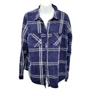 2/$20 Reitmans Navy Blue Plaid Pattern Buttons Down Shirt Top Size: XXL